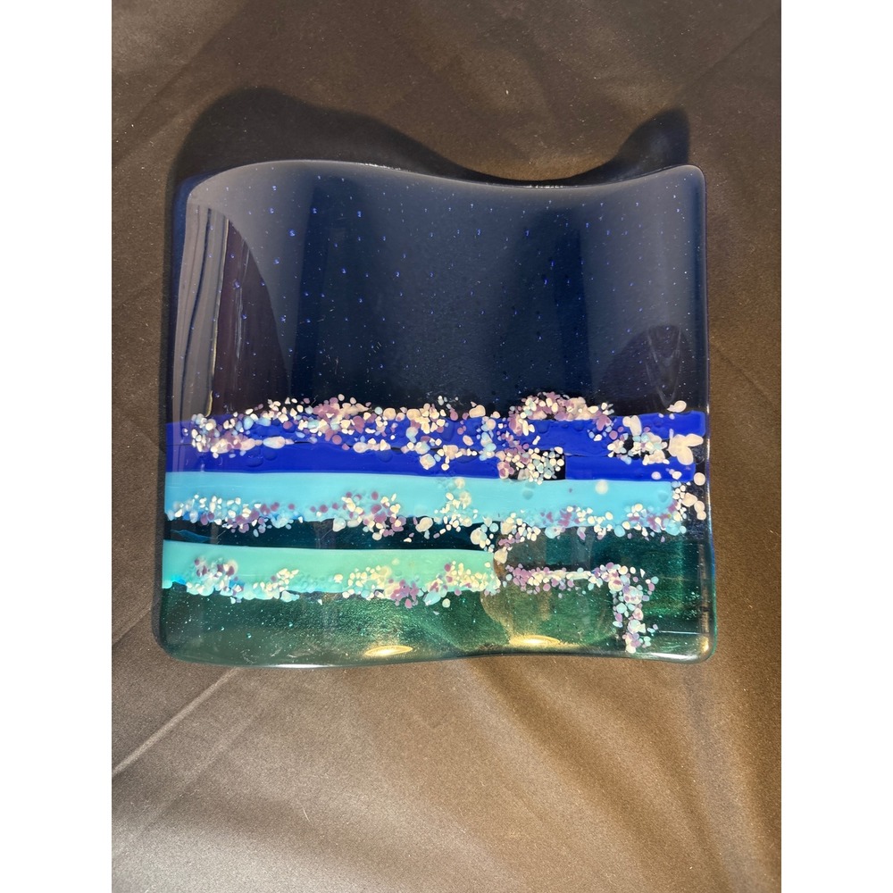 Fused Glass Art Plate Abstract Coastal‎ Ocean Wave Blue Green Desk Decor